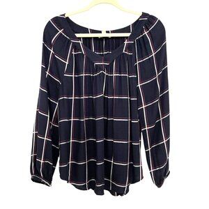 Loft Navy Plaid Long-Sleeve‎ Top Womens M Business Casual Relaxed Fit